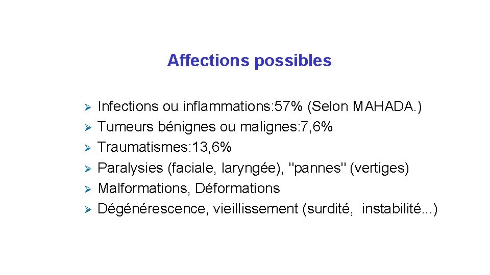 Affections possibles Ø Ø Ø Infections ou inflammations: 57% (Selon MAHADA. ) Tumeurs bénignes