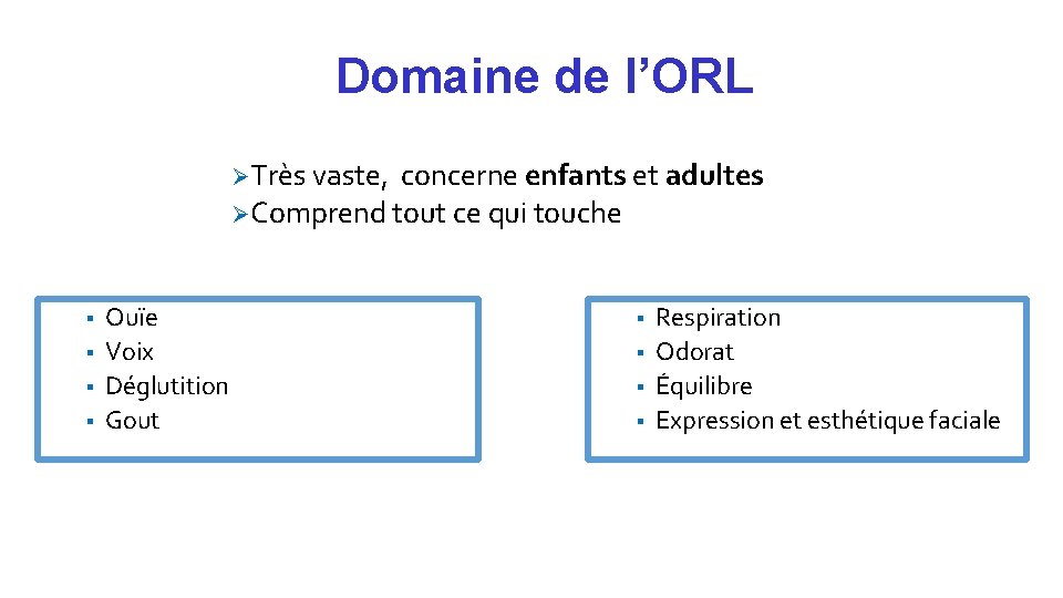 Domaine de l’ORL ØTrès vaste, concerne enfants et adultes ØComprend tout ce qui touche