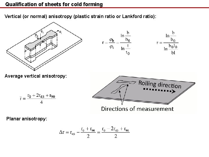 Qualification of sheets for cold forming Vertical (or normal) anisotropy (plastic strain ratio or