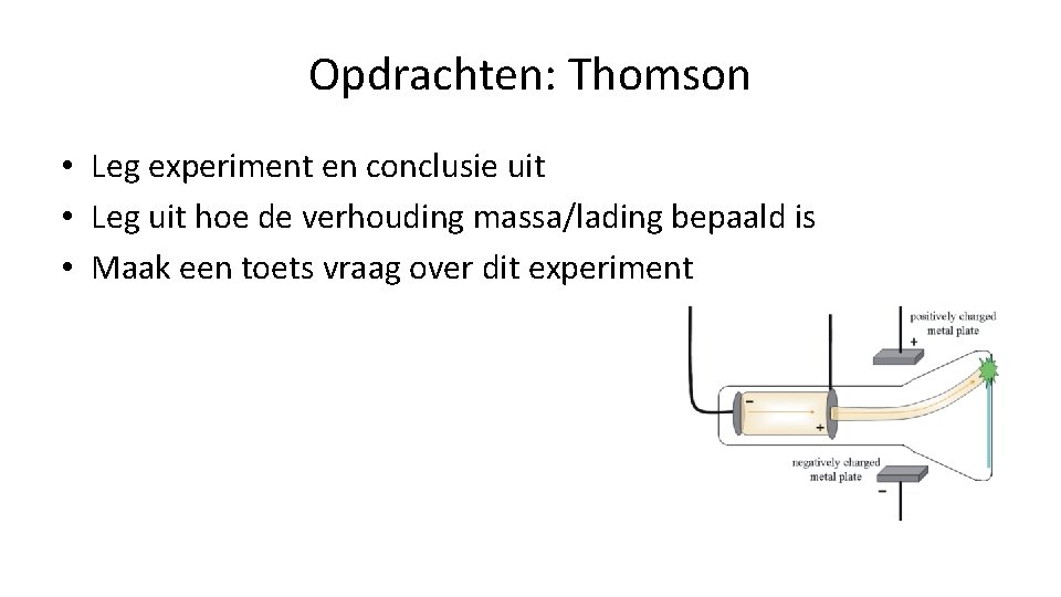 Opdrachten: Thomson • Leg experiment en conclusie uit • Leg uit hoe de verhouding