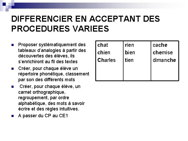 DIFFERENCIER EN ACCEPTANT DES PROCEDURES VARIEES n n Proposer systématiquement des tableaux d’analogies à