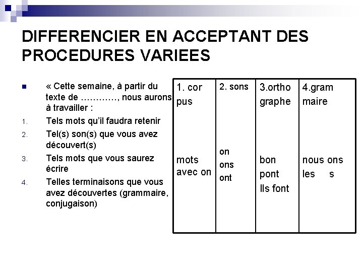 DIFFERENCIER EN ACCEPTANT DES PROCEDURES VARIEES n 1. 2. 3. 4. « Cette semaine,