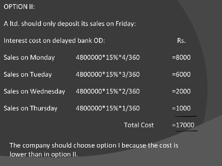 The company should choose option I because the cost is lower than in option