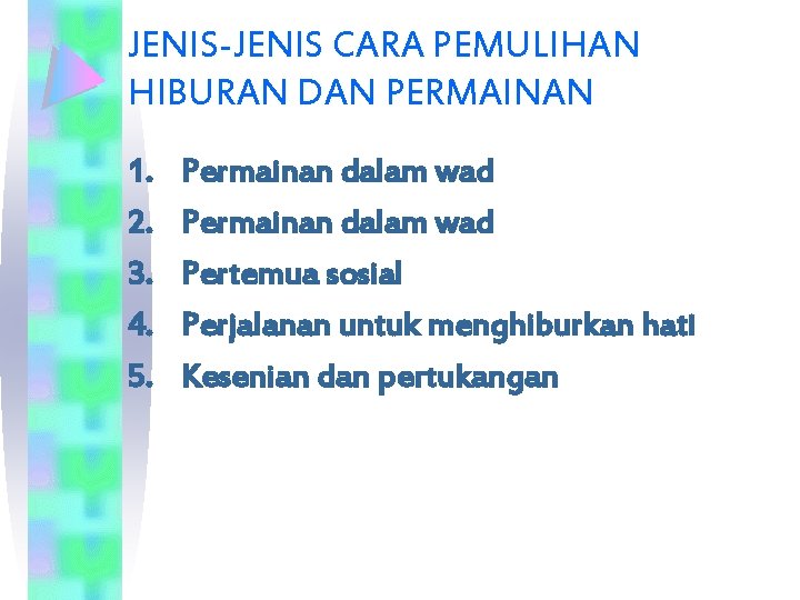 JENIS-JENIS CARA PEMULIHAN HIBURAN DAN PERMAINAN 1. 2. 3. 4. 5. Permainan dalam wad