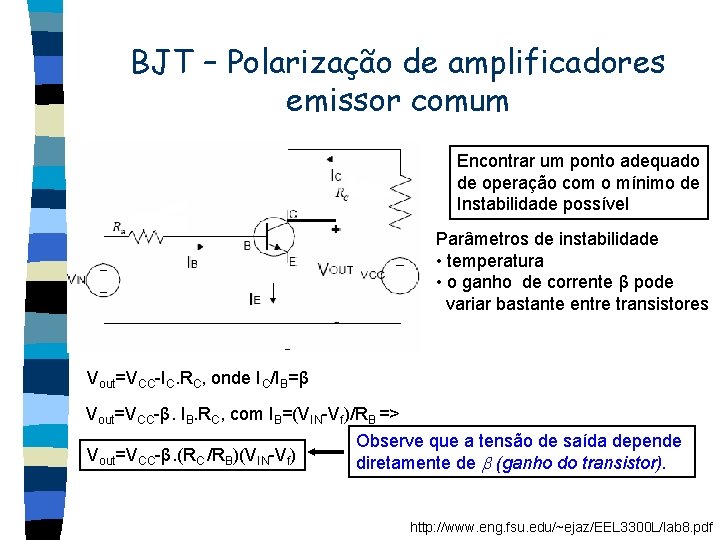 BJT – Polarização de amplificadores emissor comum Encontrar um ponto adequado de operação com