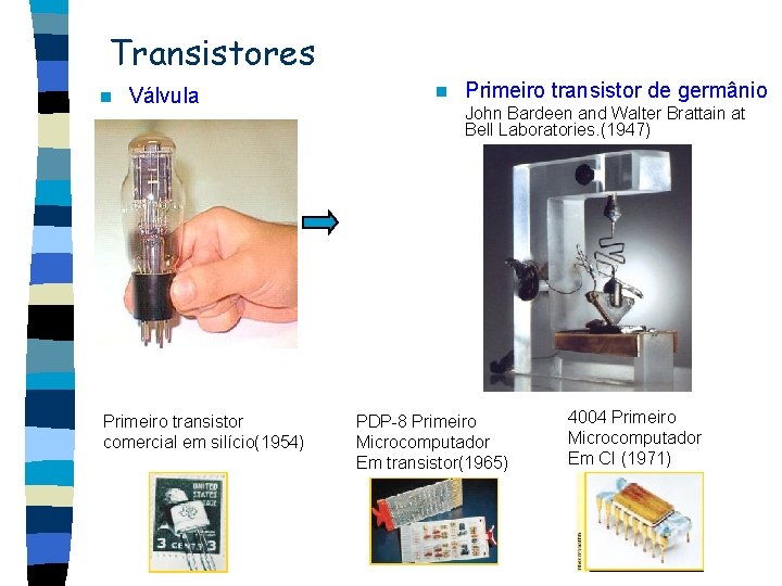 Transistores n Válvula Primeiro transistor comercial em silício(1954) n Primeiro transistor de germânio John