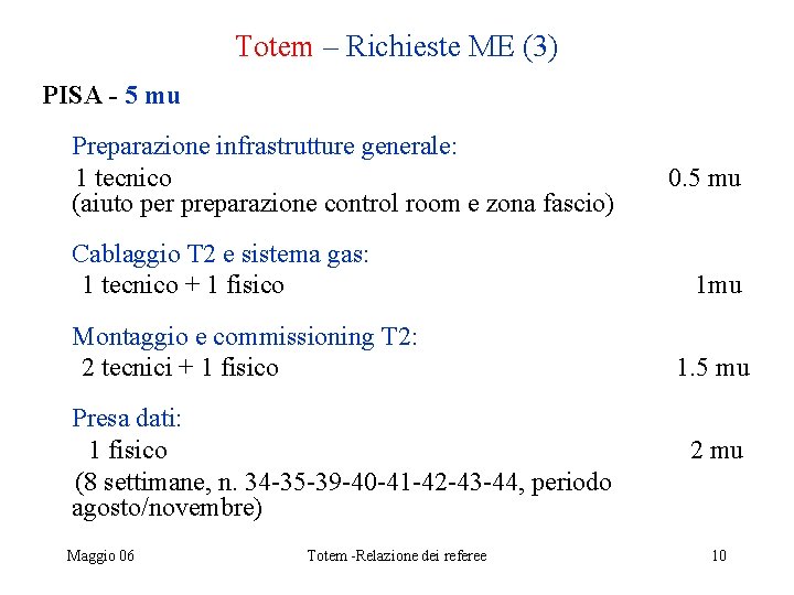 Totem – Richieste ME (3) PISA - 5 mu Preparazione infrastrutture generale: 1 tecnico