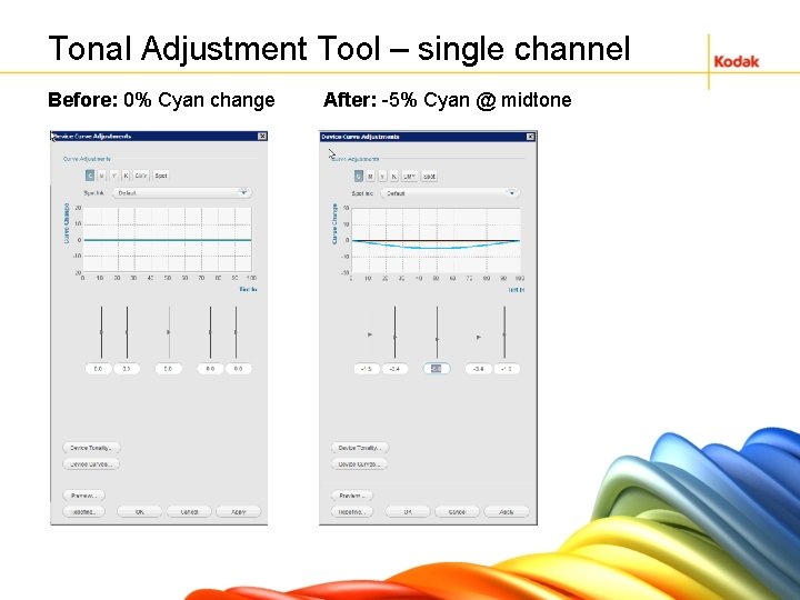 Tonal Adjustment Tool – single channel Before: 0% Cyan change After: -5% Cyan @