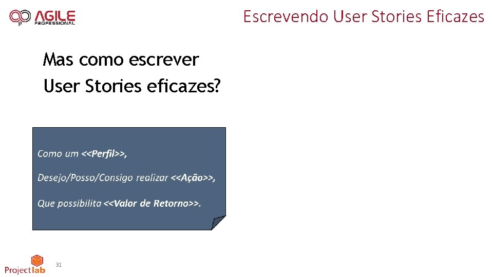 Escrevendo User Stories Eficazes Mas como escrever User Stories eficazes? 31 