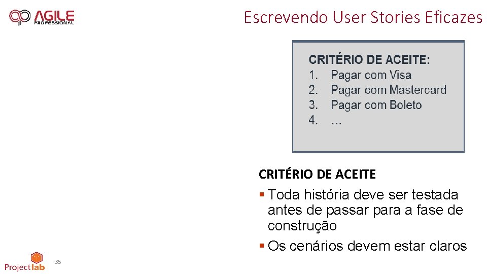 Escrevendo User Stories Eficazes CRITÉRIO DE ACEITE § Toda história deve ser testada antes