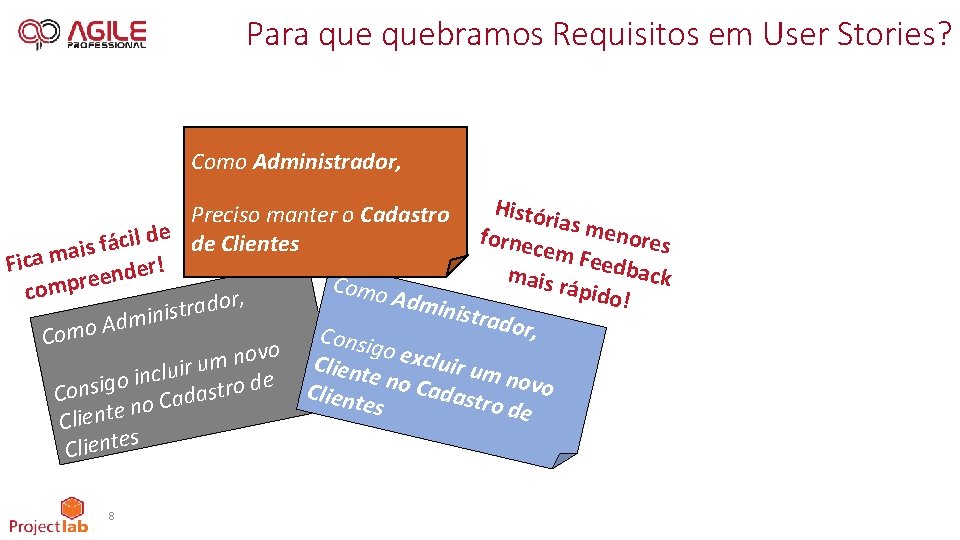 Para quebramos Requisitos em User Stories? Como Administrador, Histór Preciso manter o Cadastro ias