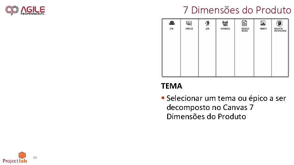 7 Dimensões do Produto TEMA § Selecionar um tema ou épico a ser decomposto