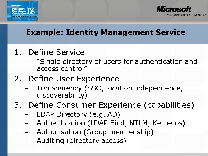 Example: Identity Management Service 1. Define Service – “Single directory of users for authentication