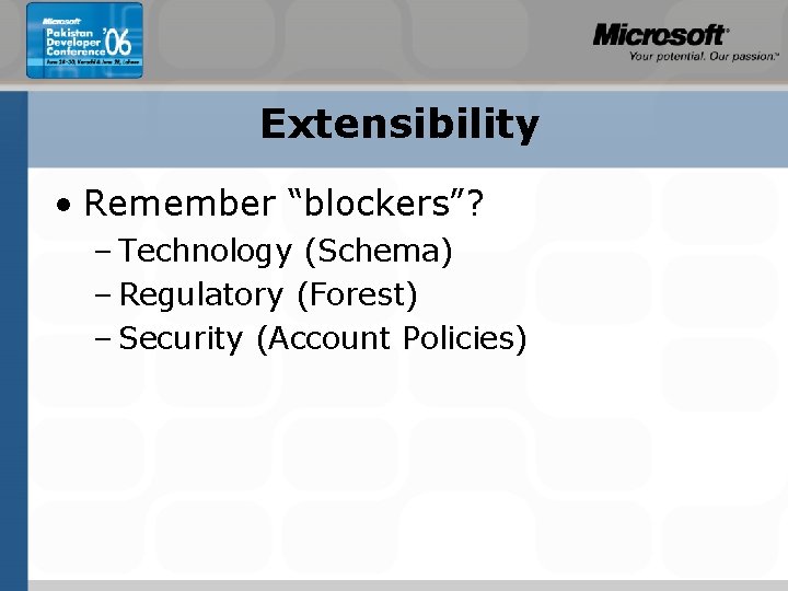 Extensibility • Remember “blockers”? – Technology (Schema) – Regulatory (Forest) – Security (Account Policies)