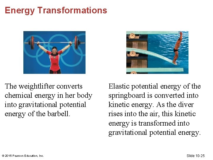 Energy Transformations The weightlifter converts chemical energy in her body into gravitational potential energy Energy Transformations The weightlifter converts chemical energy in her body into gravitational potential energy