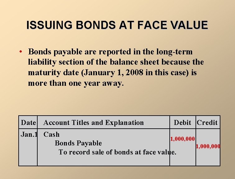 ISSUING BONDS AT FACE VALUE • Bonds payable are reported in the long-term liability