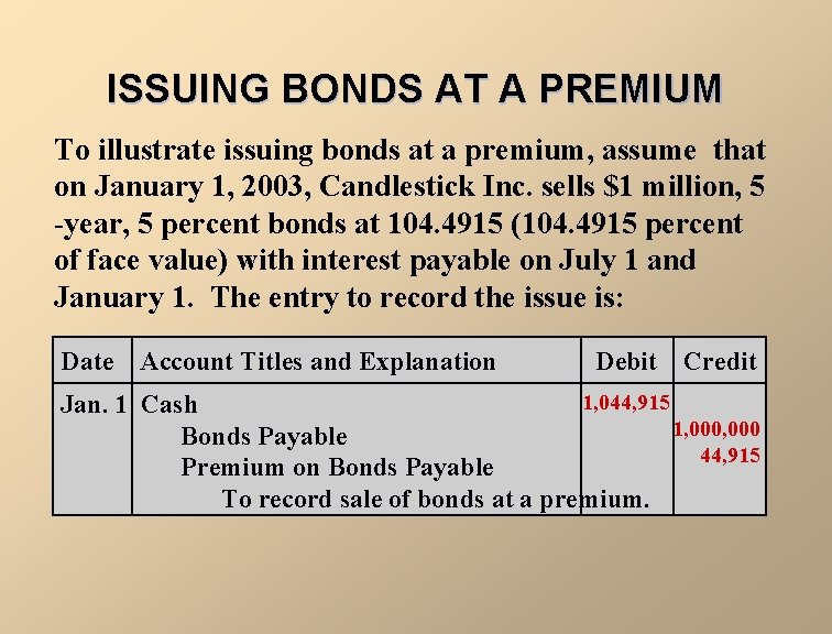 ISSUING BONDS AT A PREMIUM To illustrate issuing bonds at a premium, assume that