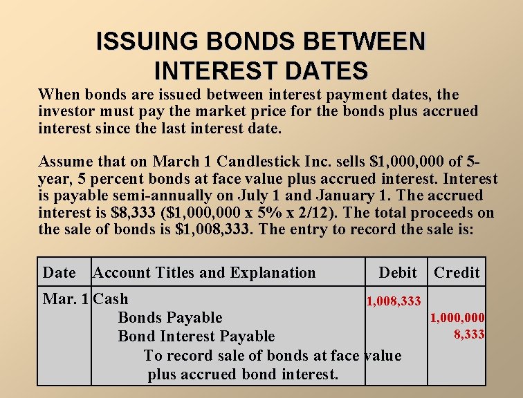 ISSUING BONDS BETWEEN INTEREST DATES When bonds are issued between interest payment dates, the