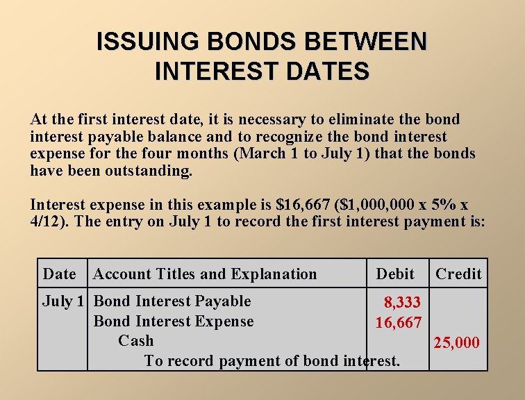ISSUING BONDS BETWEEN INTEREST DATES At the first interest date, it is necessary to