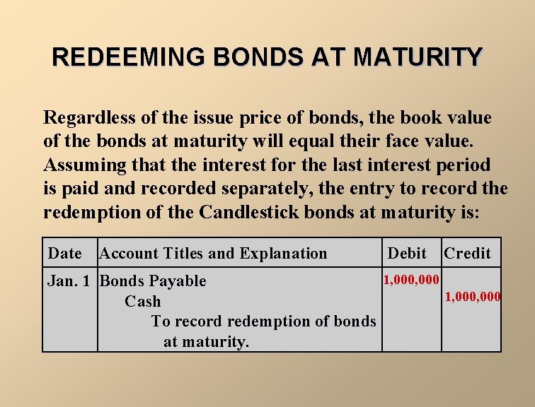 REDEEMING BONDS AT MATURITY Regardless of the issue price of bonds, the book value