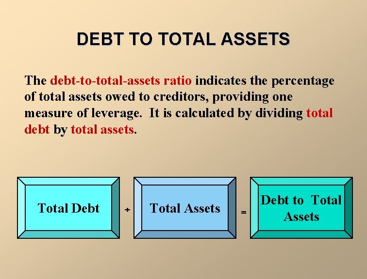 DEBT TO TOTAL ASSETS The debt-to-total-assets ratio indicates the percentage of total assets owed