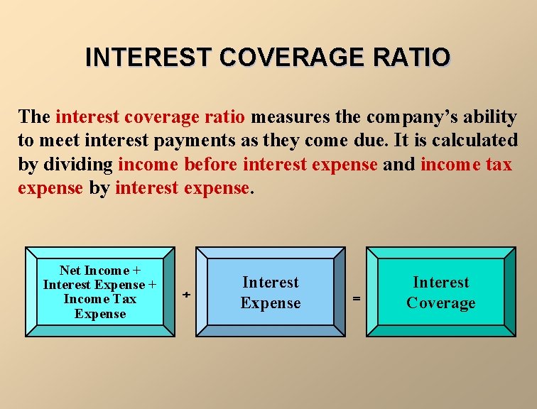 INTEREST COVERAGE RATIO The interest coverage ratio measures the company’s ability to meet interest
