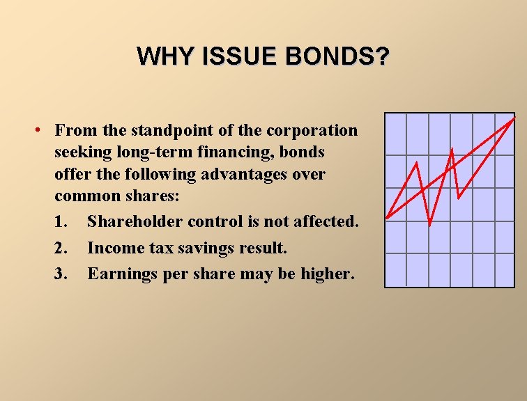 WHY ISSUE BONDS? • From the standpoint of the corporation seeking long-term financing, bonds