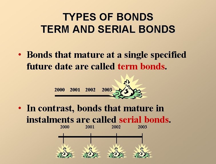 TYPES OF BONDS TERM AND SERIAL BONDS • Bonds that mature at a single