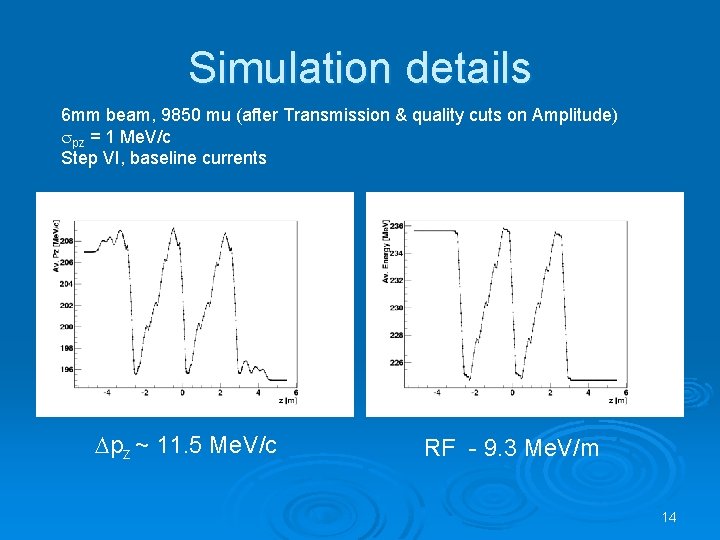 Simulation details 6 mm beam, 9850 mu (after Transmission & quality cuts on Amplitude)