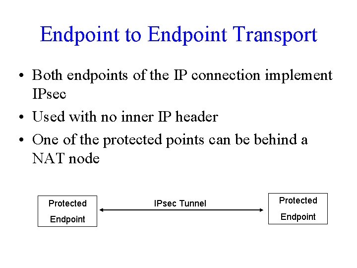 Endpoint to Endpoint Transport • Both endpoints of the IP connection implement IPsec •