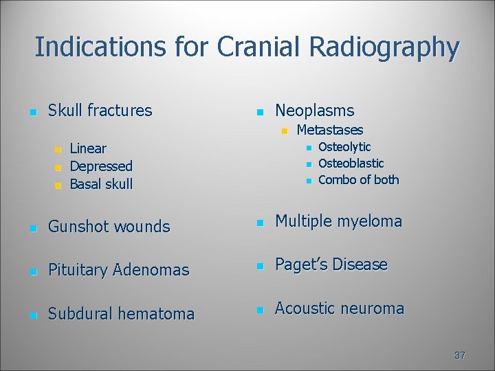 Indications for Cranial Radiography n Skull fractures n Neoplasms n n Linear Depressed Basal Indications for Cranial Radiography n Skull fractures n Neoplasms n n Linear Depressed Basal