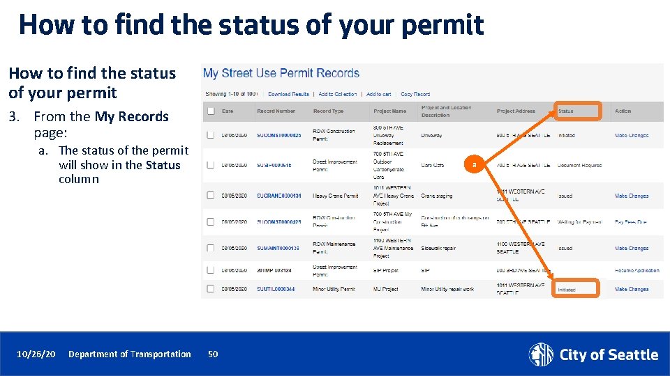 How to find the status of your permit 3. From the My Records page: