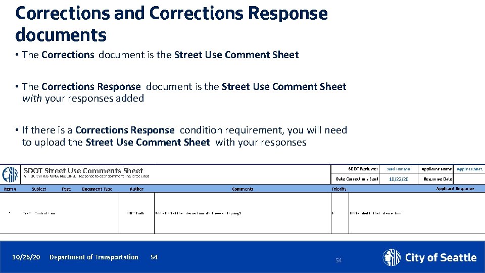 Corrections and Corrections Response documents • The Corrections document is the Street Use Comment