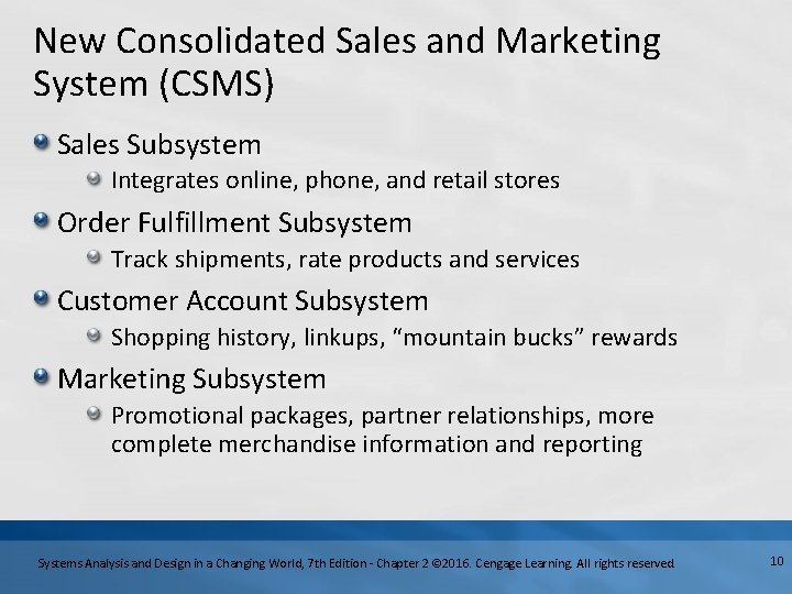 New Consolidated Sales and Marketing System (CSMS) Sales Subsystem Integrates online, phone, and retail
