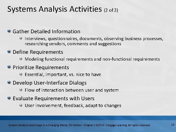 Systems Analysis Activities (2 of 2) Gather Detailed Information Interviews, questionnaires, documents, observing business