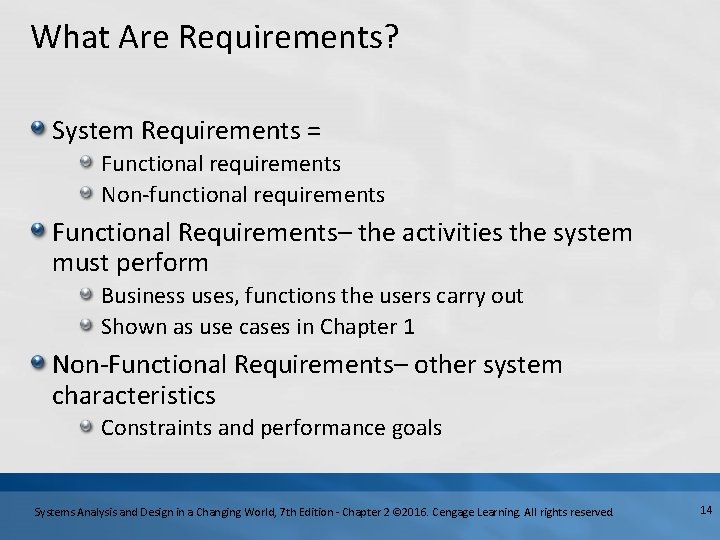 What Are Requirements? System Requirements = Functional requirements Non-functional requirements Functional Requirements– the activities