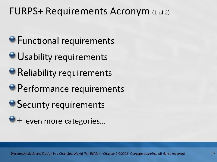 FURPS+ Requirements Acronym (1 of 2) Functional requirements Usability requirements Reliability requirements Performance requirements