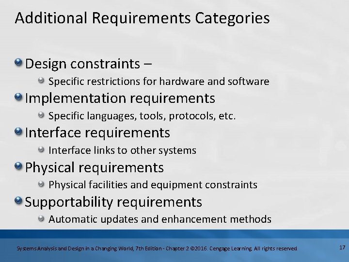 Additional Requirements Categories Design constraints – Specific restrictions for hardware and software Implementation requirements