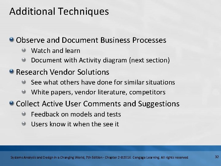 Additional Techniques Observe and Document Business Processes Watch and learn Document with Activity diagram