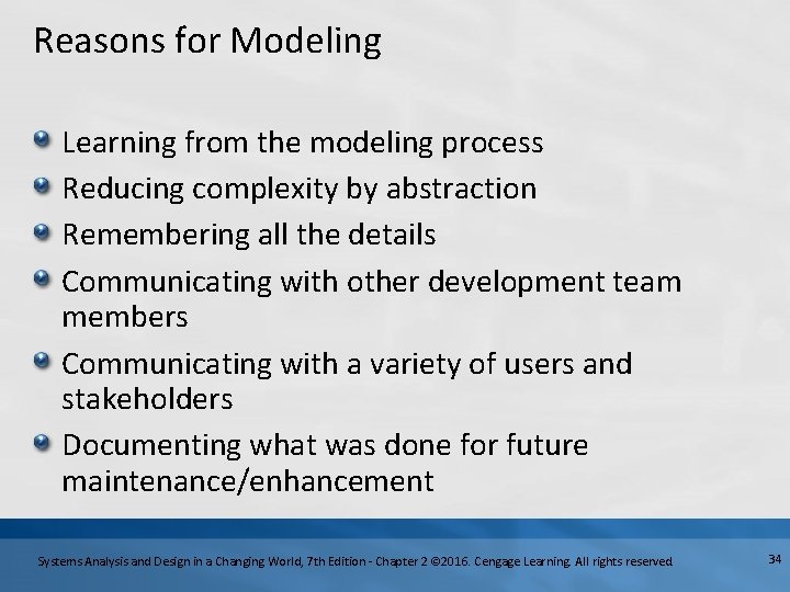 Reasons for Modeling Learning from the modeling process Reducing complexity by abstraction Remembering all