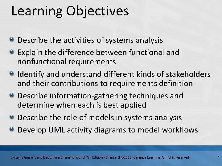 Learning Objectives Describe the activities of systems analysis Explain the difference between functional and