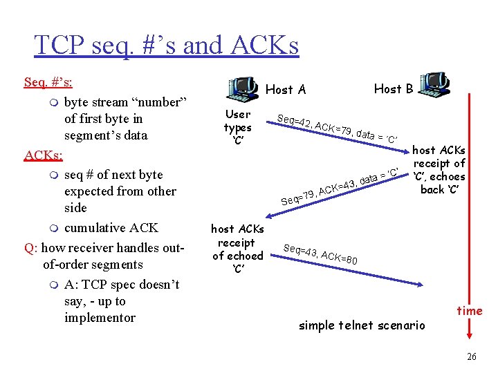 TCP seq. #’s and ACKs Seq. #’s: m byte stream “number” of first byte