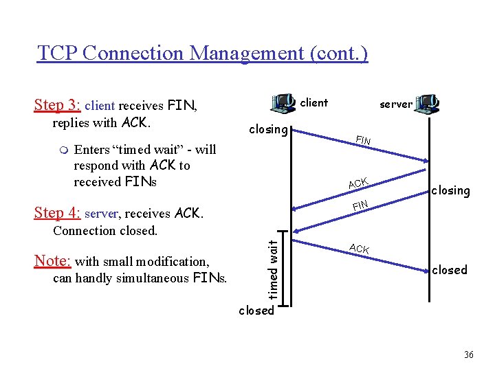 TCP Connection Management (cont. ) client Step 3: client receives FIN, replies with ACK.