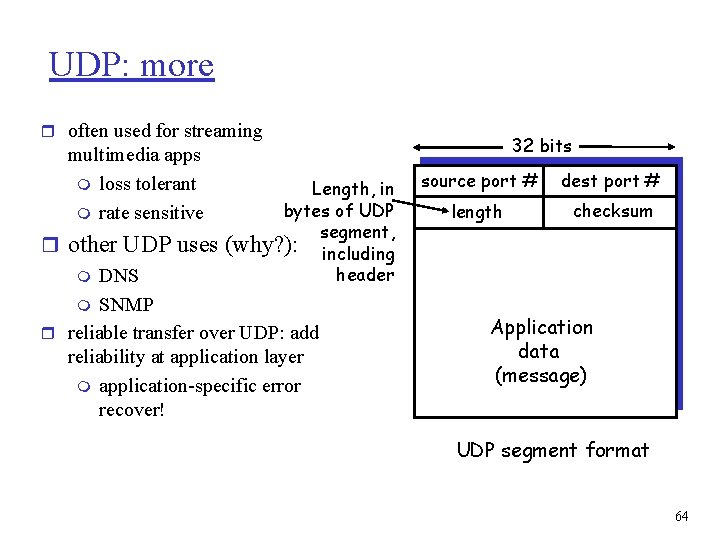 UDP: more r often used for streaming multimedia apps m loss tolerant m rate