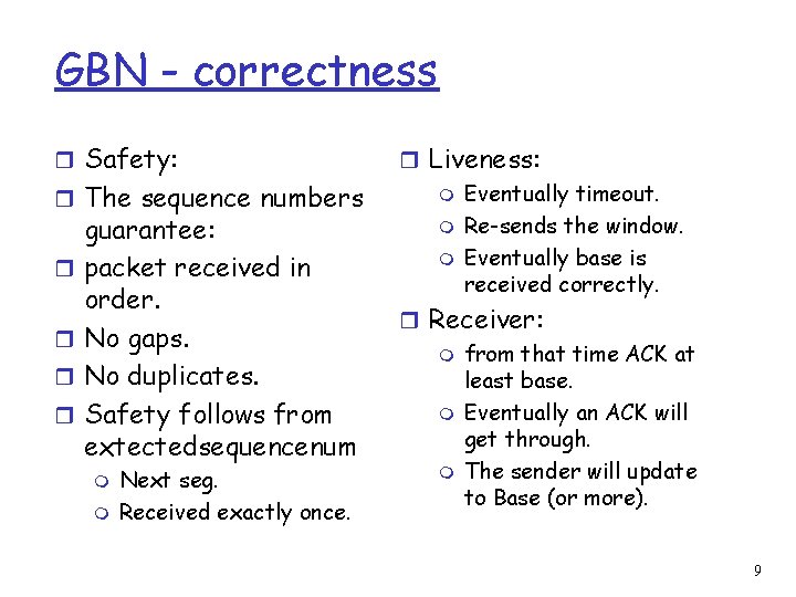 GBN - correctness r Safety: r The sequence numbers r r guarantee: packet received