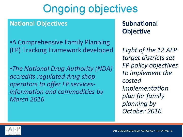 Ongoing objectives Subnational Objective National Objectives • A Comprehensive Family Planning (FP) Tracking Framework