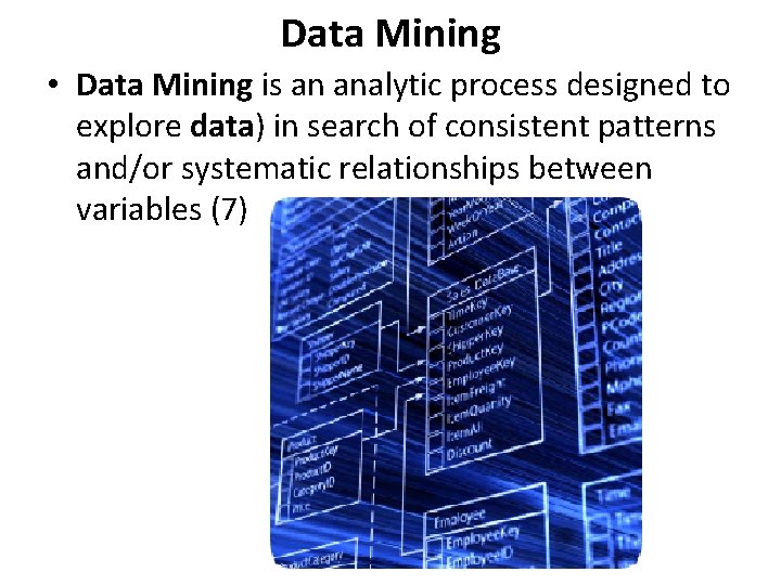Data Mining • Data Mining is an analytic process designed to explore data) in Data Mining • Data Mining is an analytic process designed to explore data) in