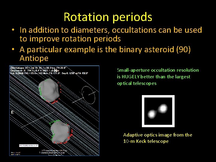 Rotation periods • In addition to diameters, occultations can be used to improve rotation