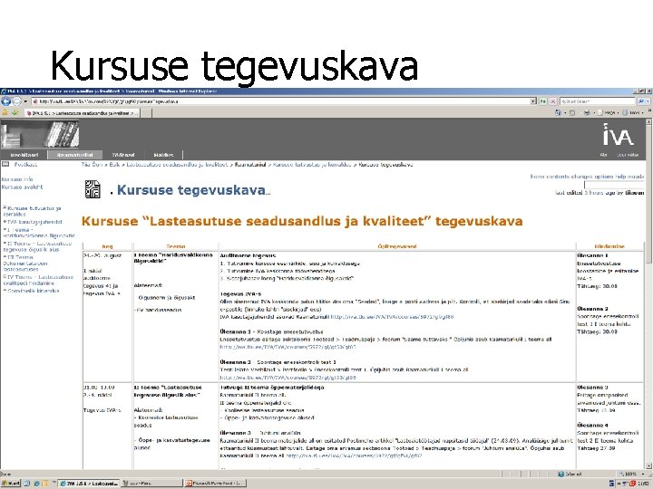 Kursuse tegevuskava 