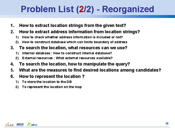 Problem List (2/2) - Reorganized 1. 2. How to extract location strings from the Problem List (2/2) - Reorganized 1. 2. How to extract location strings from the